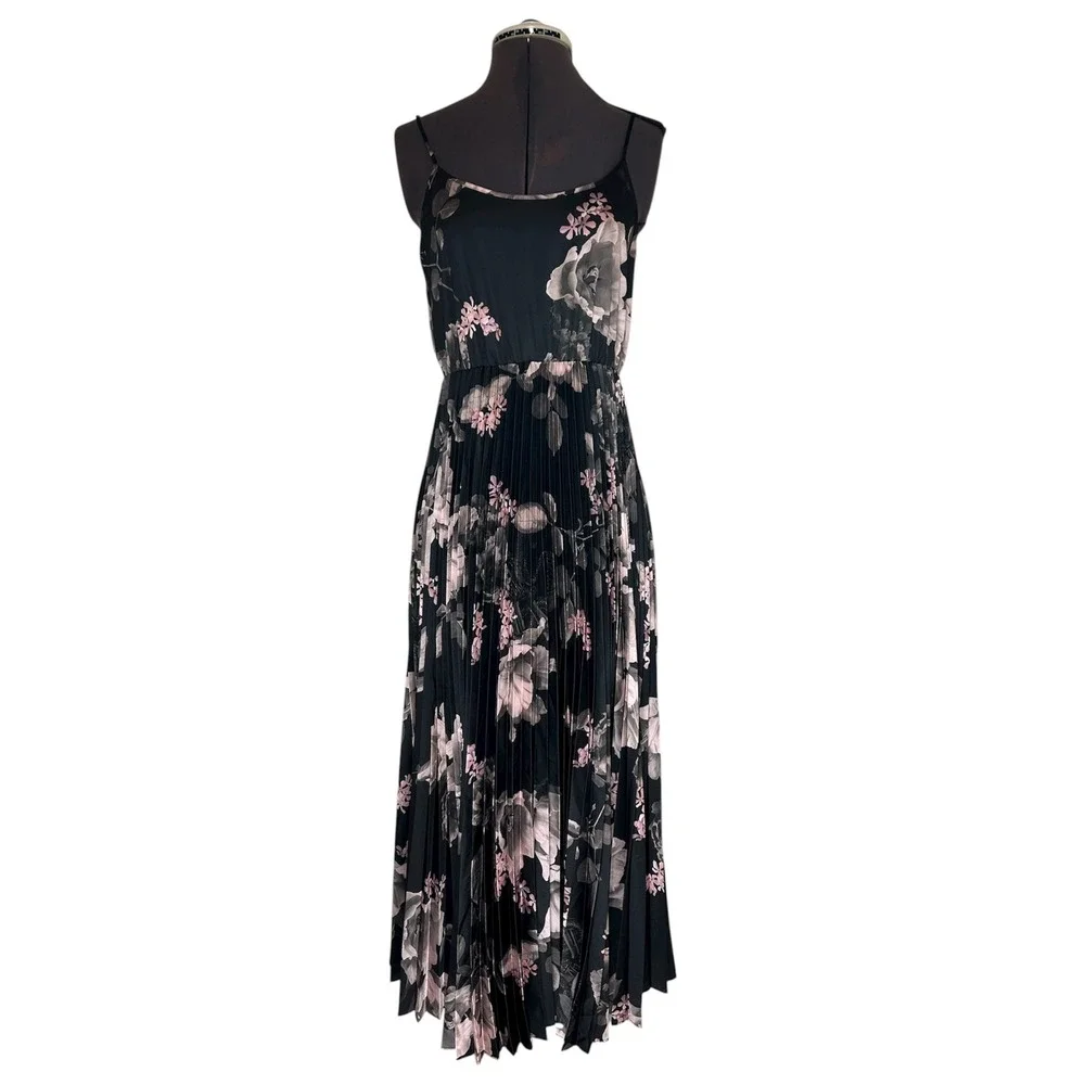 AllSaints Leowa Gia Black Pink Floral Pleated Midi Romantic Moody Slip Dress M - Picture 1 of 12